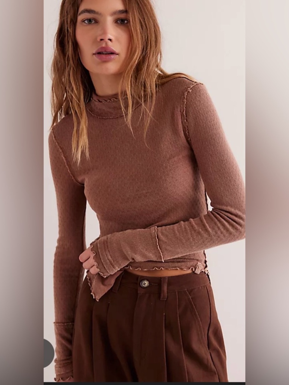 We The Free Women’s Small S Sara Pointelle Turtleneck Long Sleeve Blouse Brown
